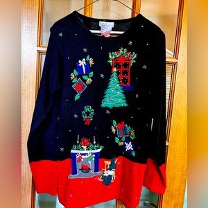 BP Design Christmas Sweater, black with Christmas deco, size M, cotton/ramie